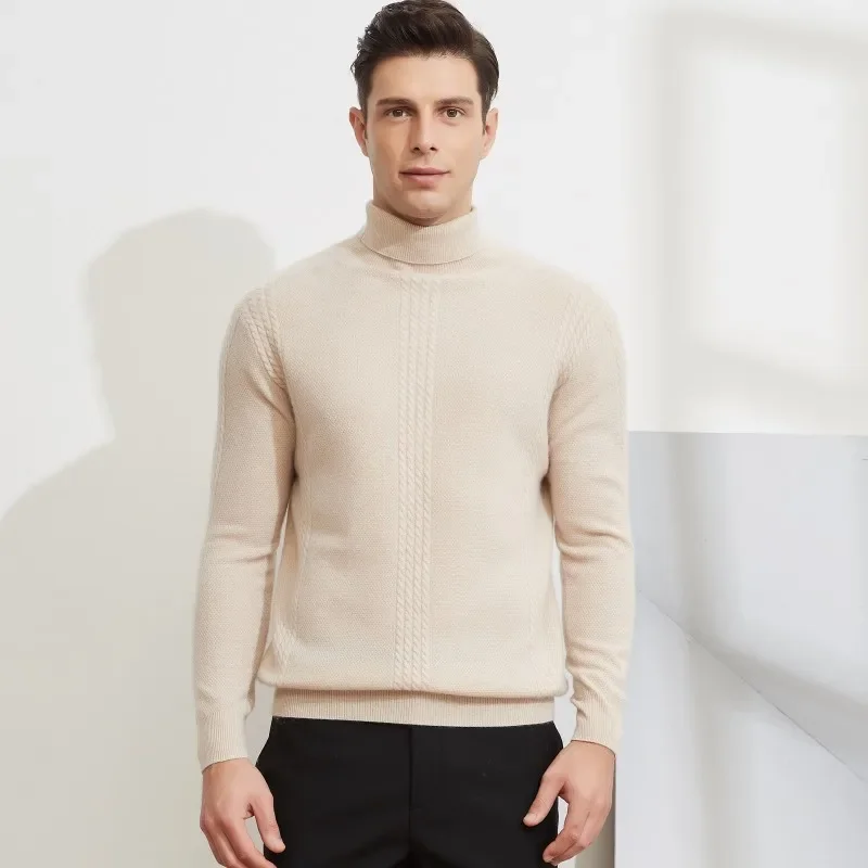 100% Pure Cashmere Sweater Men's High Polo Collar Twisted Pullover  Autumn/Winter New Knitted Underlay Warm Top