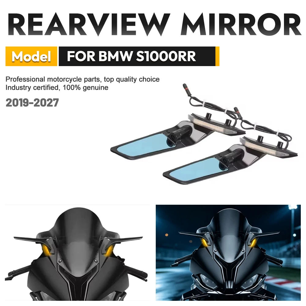 FOR BMW S1000RR 2019-2027 Motorcycle Wind Wing Rearview Mirror With LED Turn Signal Blue Anti-glare Lens Motorbike Accessories