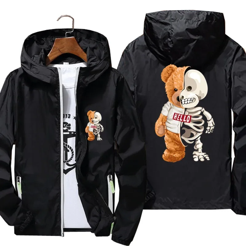 2026 Men's Skull Teddy Bear Skeleton Bear Sportswear Hooded Bomber Zipper Thin Reflective Sunscreen Windbreaker Jacket Clothing
