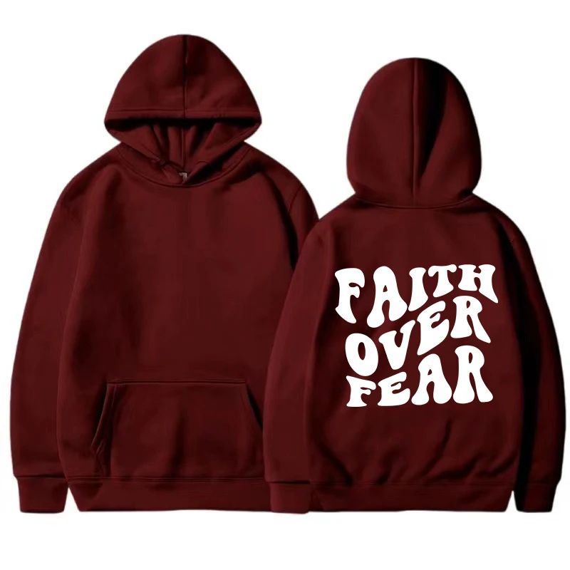 Faith Over Fear Printed Hoodies Casual Fashion Womens Pullovers Fleece Warm Pocket Sweatshirt Sporty Oversize Street Clothes