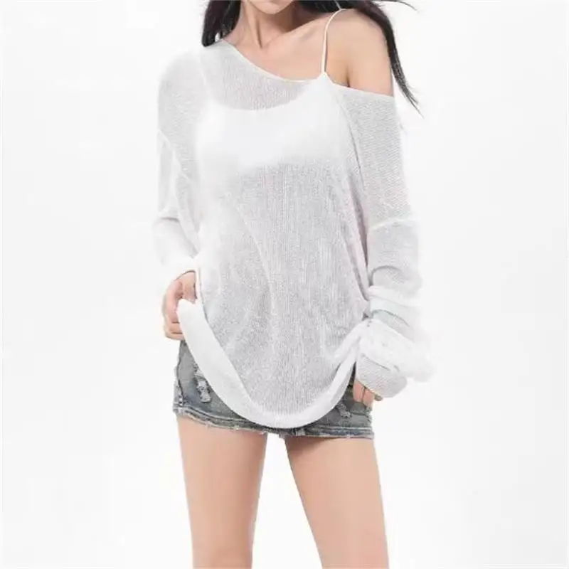 Sexy Sheer Baggy T-shirt for Women 2024 Summer Casual Fashion Loose Pullovers Chic Lazy Solid Color Off Shoulder Top Streetwear