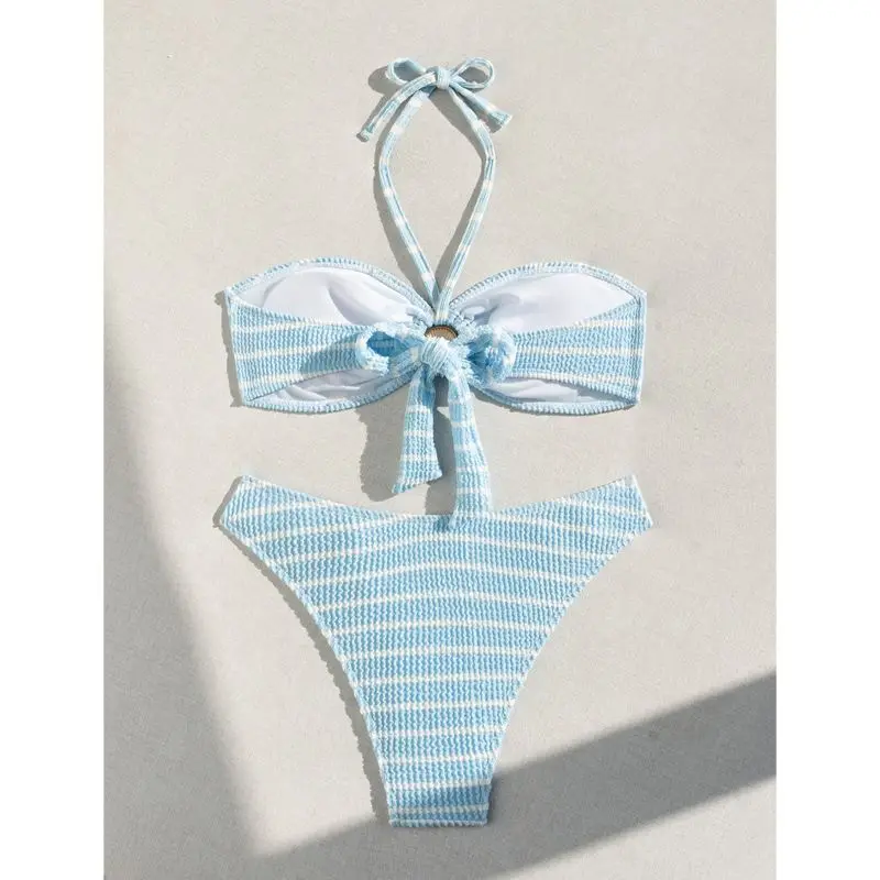 Women Light Blue Striped Bandeau Bikini Set with O-Ring Detail Tie Side High Leg Swimsuit Chic Summer Beach Swimwear Vacation