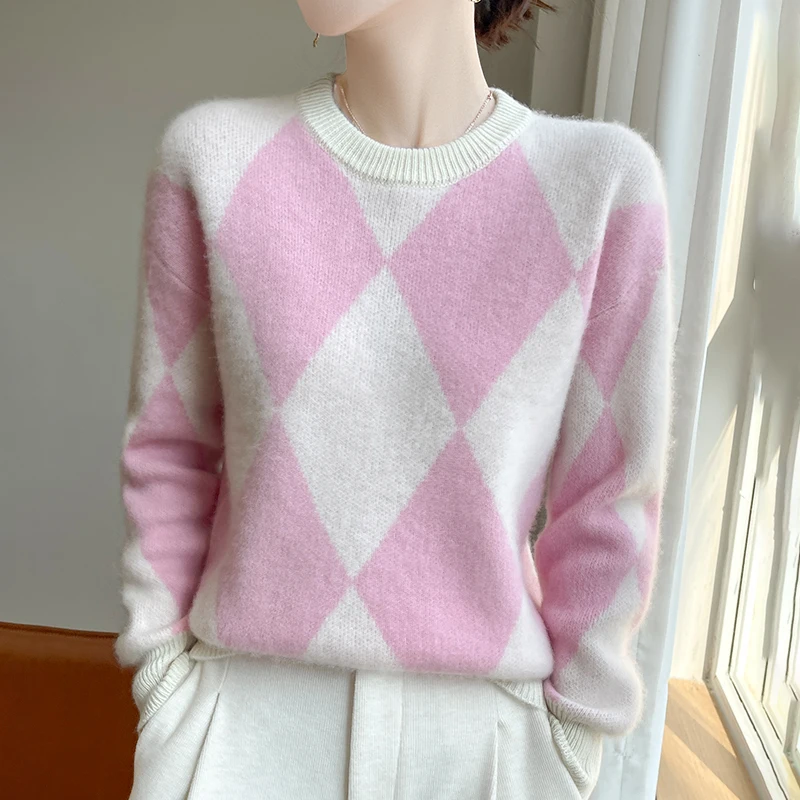 Женский вязаный свитер из 100% чистой шерсти с цветными блоками и бриллиантами, свитер с цветными блоками, свитер с круглым вырезом, осень-зима, новая базовая рубашка