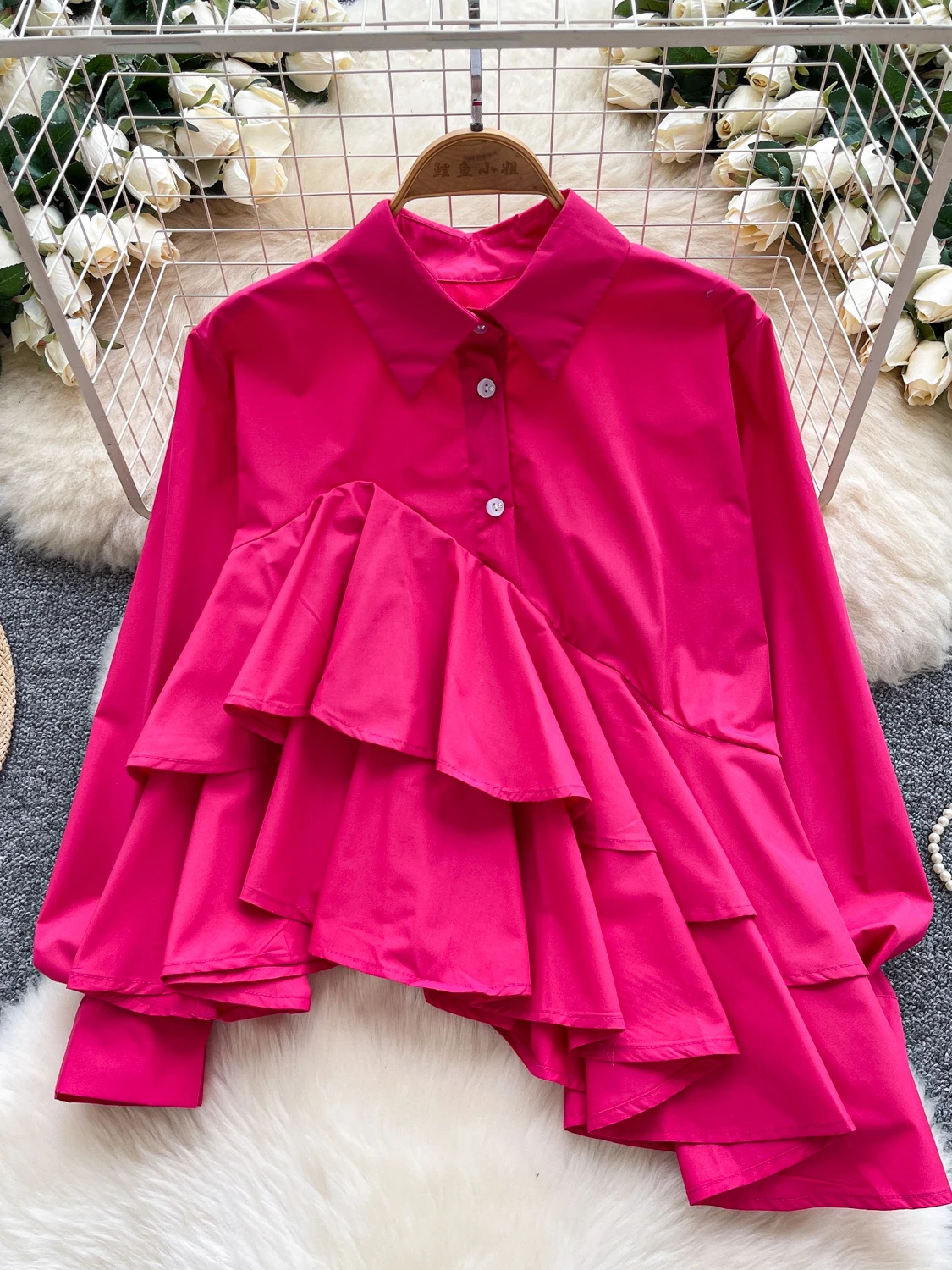 

Женская свободная повседневная универсальная блузка для похудения Long Sve irt, дизайн Sense, асимметричный подол, корейский полиэстер...