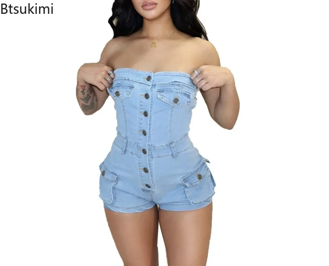 Summer Sexy Y2K Streetwear Women's Tube Strapless Denim Jumpsuit Single Breasted Multi Pocket Bodycon Rompers One Piece Overalls