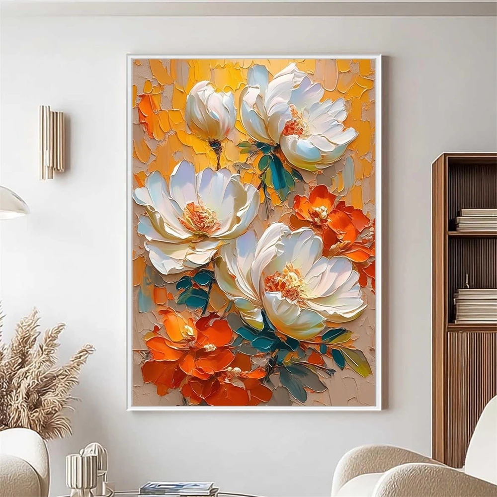 Großes Original Blumen-Ölgemälde Leinwanddruck Abstrakte Minimalistische Blumenkunst Poster Moderne Boho Wandkunst für Wohnzimmer