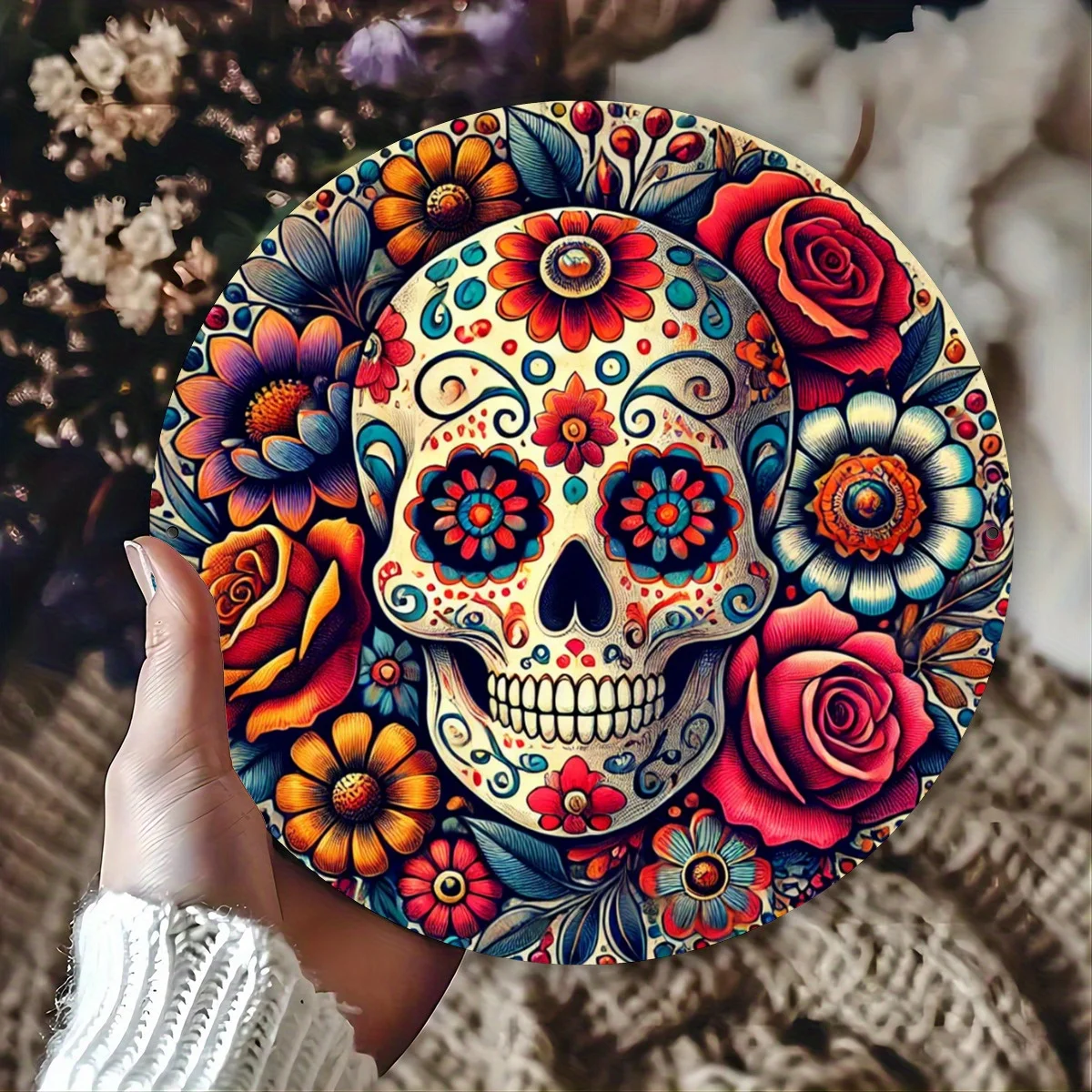2D-Dekoration, 1 Totenkopf aus Zucker für Halloween und ein rundes Holzschild mit Blumen – lebendige 2D-gedruckte Wandkunst