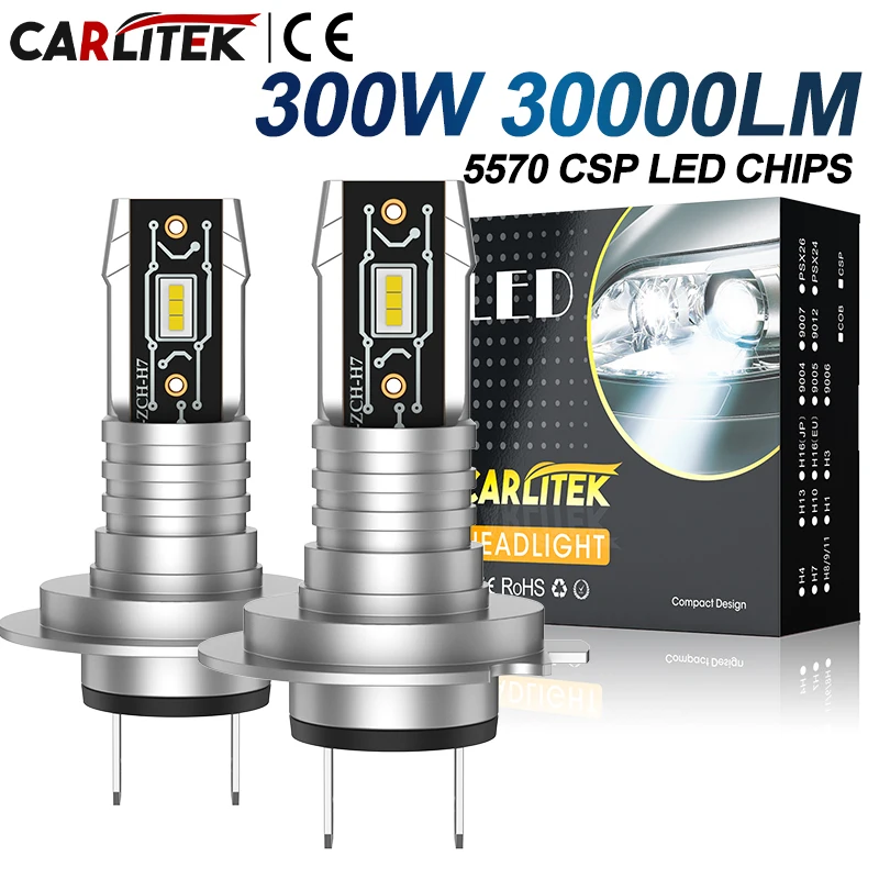 2 Lâmpadas LED H7 para Faróis 300W 30000LM Luz Automotiva Chips CSP 5570 STG Alto e Baixo Brilho 6500K Tamanho Mini 1:1 Plug and Play 12V 24V