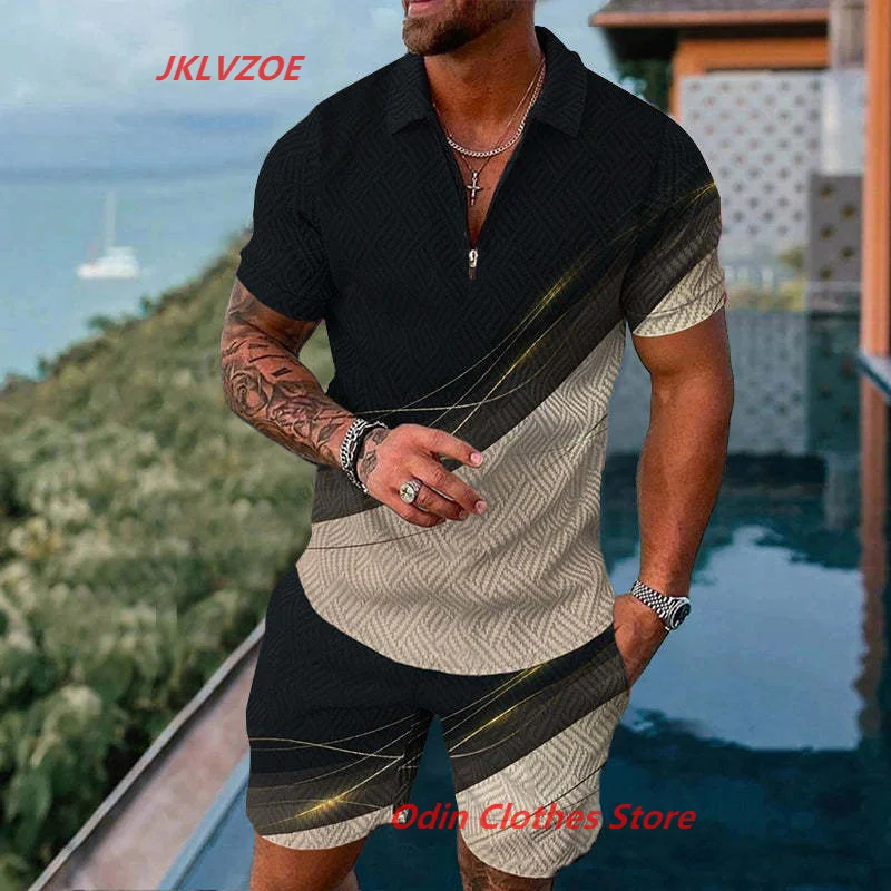 Male Fashion Clothing Beach Style Outfits Streetwear Summer Men Luxury Vintage Polo Shirt Set Casual Turn Down Collar Tracksuit