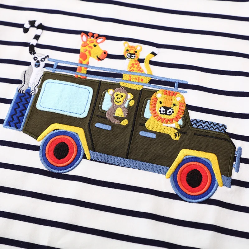 Jumping Meters 2-7T New Arrival Striped Summer Boys Girls Tees Animals Cars Embroidery Kids Tops Cotton Fashion Baby Clothes