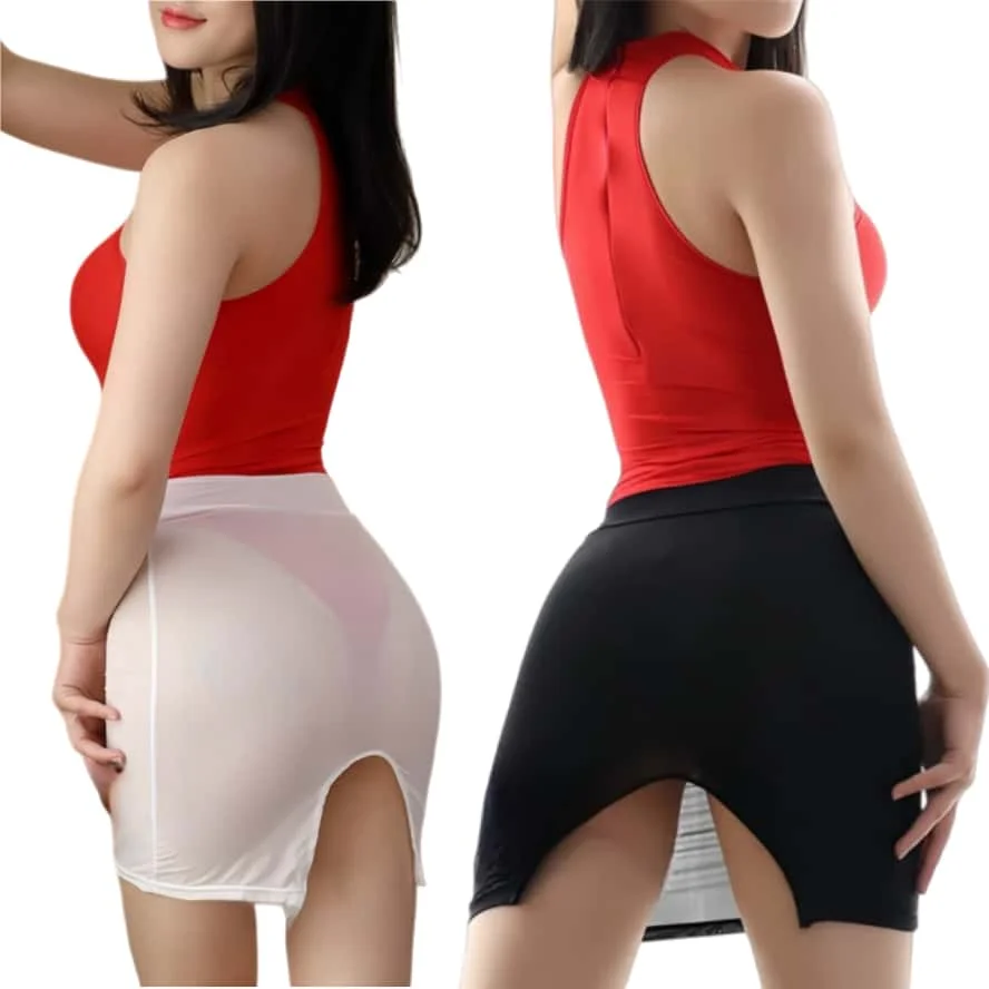

FREEAUCE Black Cut Out Side Split Pencil Mini Skirts See Through Sexy Wrap Hips Short Skirt for Women Night Club Street Wear XXL