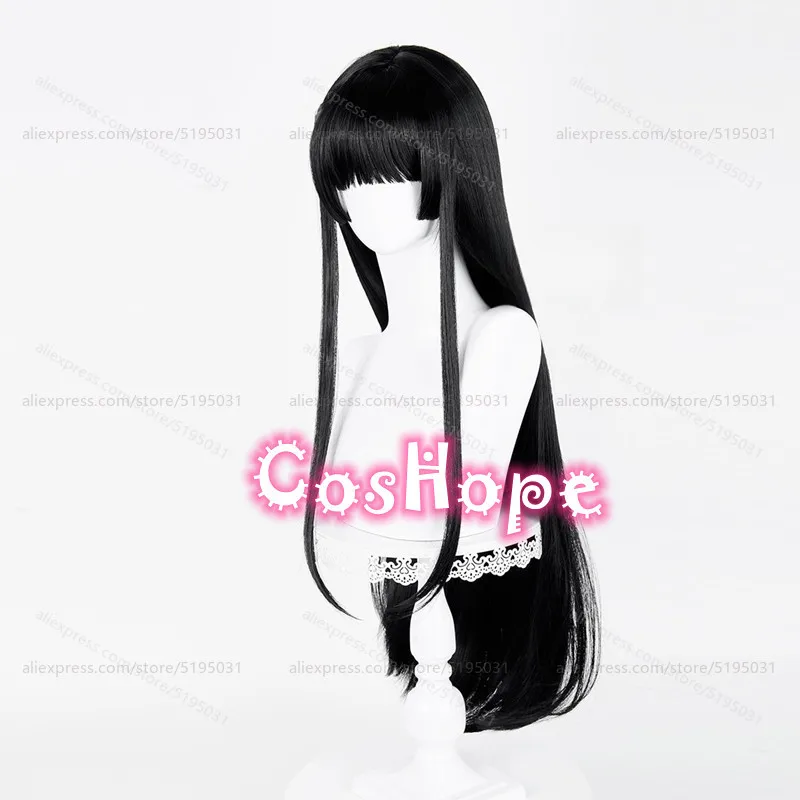 Chisa شعر مستعار تأثيري مع رباط شعر أحمر 85 سنتيمتر شعر مستعار أسود طويل أنيمي مقاومة للحرارة بيروكات صناعية لجميع القديسين كرنفال زي الحفلات