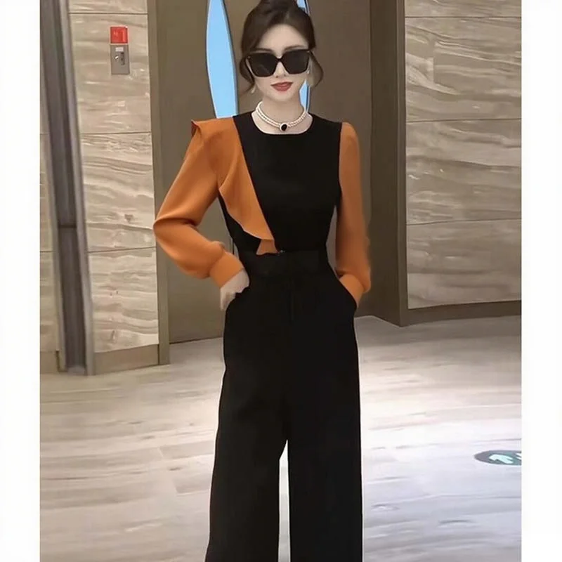

High Waist Wide Leg Pants Color Blo Design Bell Sve Agel Belt Autumn Faion Women's Premium Clothing