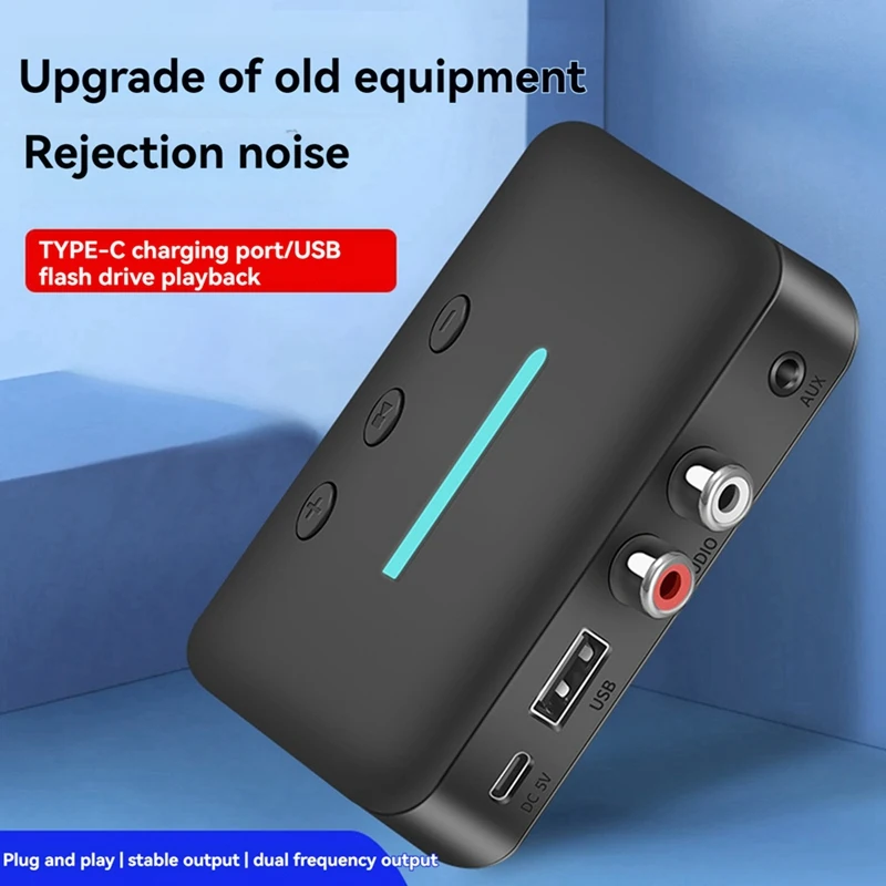 Usb bluetooth 5.3 adaptador receptor de áudio música estéreo sem fio 3.5mm aux r/l suporte u-disc reprodução para alto-falante desktop