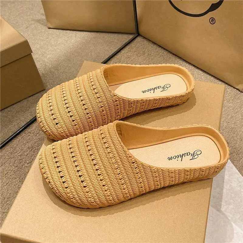 2026 Summer Women Knitted Hollow Out Slippers Lightweight Breathable Non Slip Flat Slides Casual Beach Shoes Women's Sandals