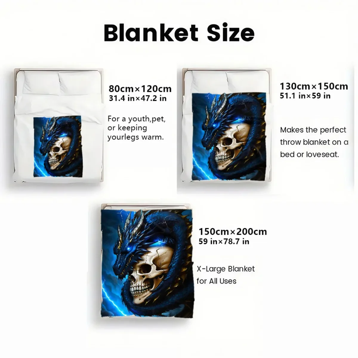 Custom 1pc Blue Dragon And Skull Printed Outdoor Blanket - Lightweight Flannel Used For Camping, Picnic, Hiking, Tourism, Airpla
