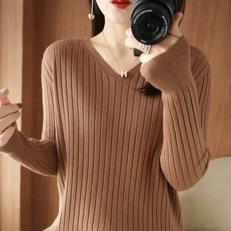 2024 New Women Sweater Spring Autumn Knitted Pullovers V-neck Slim Fit Bottoming Shirts Solid Soft Knitwear Jumpers Basic Sweate