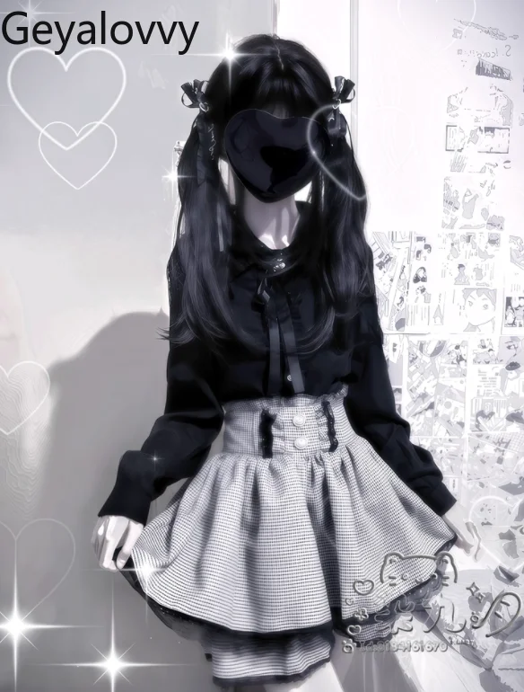 

Рубашка с длинными рукавами и короткая юбка с высокой талией, комплект с кружевом и бантом, милый женский комплект из двух предметов, наряды Лолиты в японском стиле