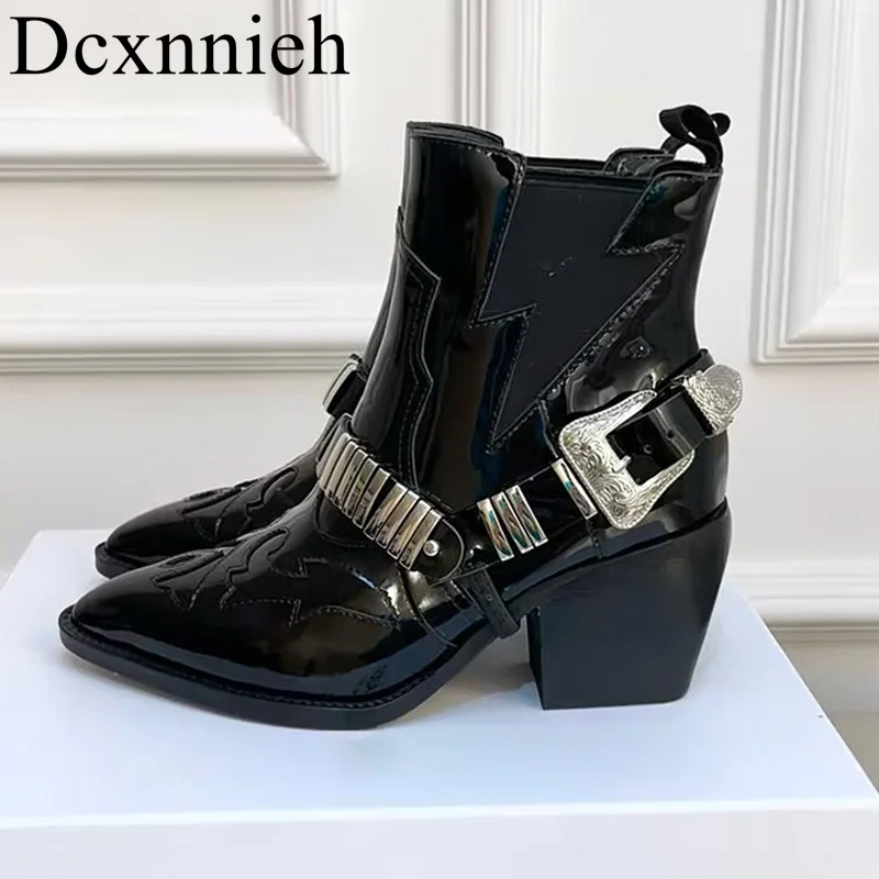 

Genuine Leather Chunky High Heel Short Boots Women Metal Buckle Decor Ankle Botas Autumn Winter Punk Style Motoecycle Boots