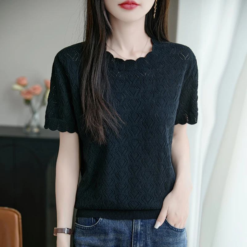 Summer Women's 100% Pure Cotton Women's T-Shirt Casual Solid Color Hollow Short-Sleeved Loose Lace Collar Tees Knitted Tops