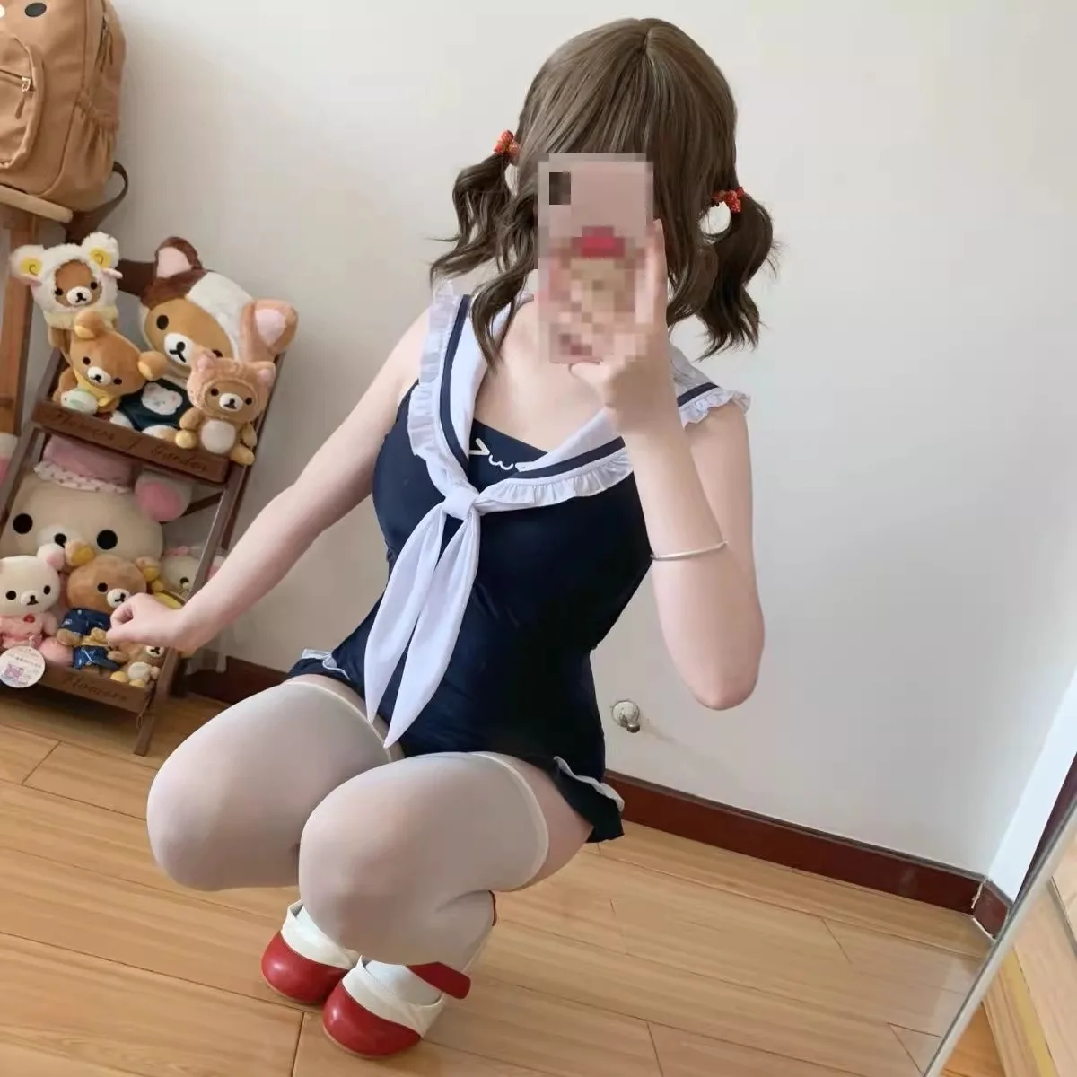 Schulmädchen, Matrosenkragen, Badebekleidung, Bikini, Rüschenkante, einteiliger Monokini, Push-Up-Mädchen, gepolstert, Strandkleidung, Schwimmen, Sommer