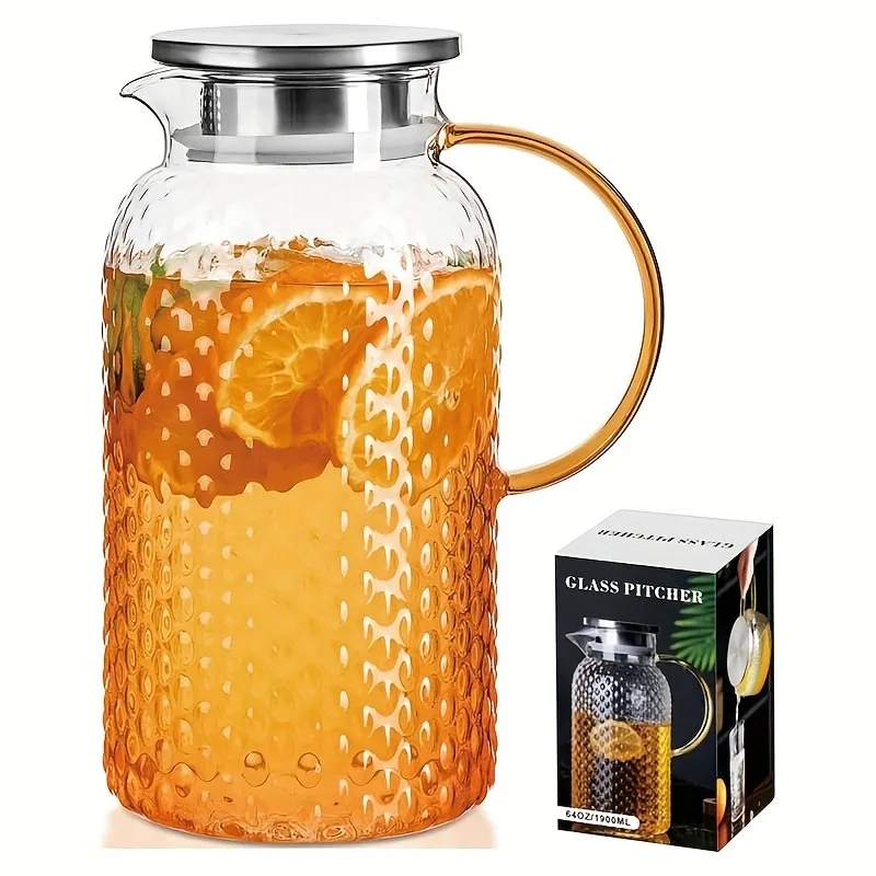 Jarra de vidrio de 64 oz/1,9 L con tapa y asa - Vidrio de alto borosilicato para refrigerador, mantiene bebidas calientes/frías, jarra de jugo, cocina