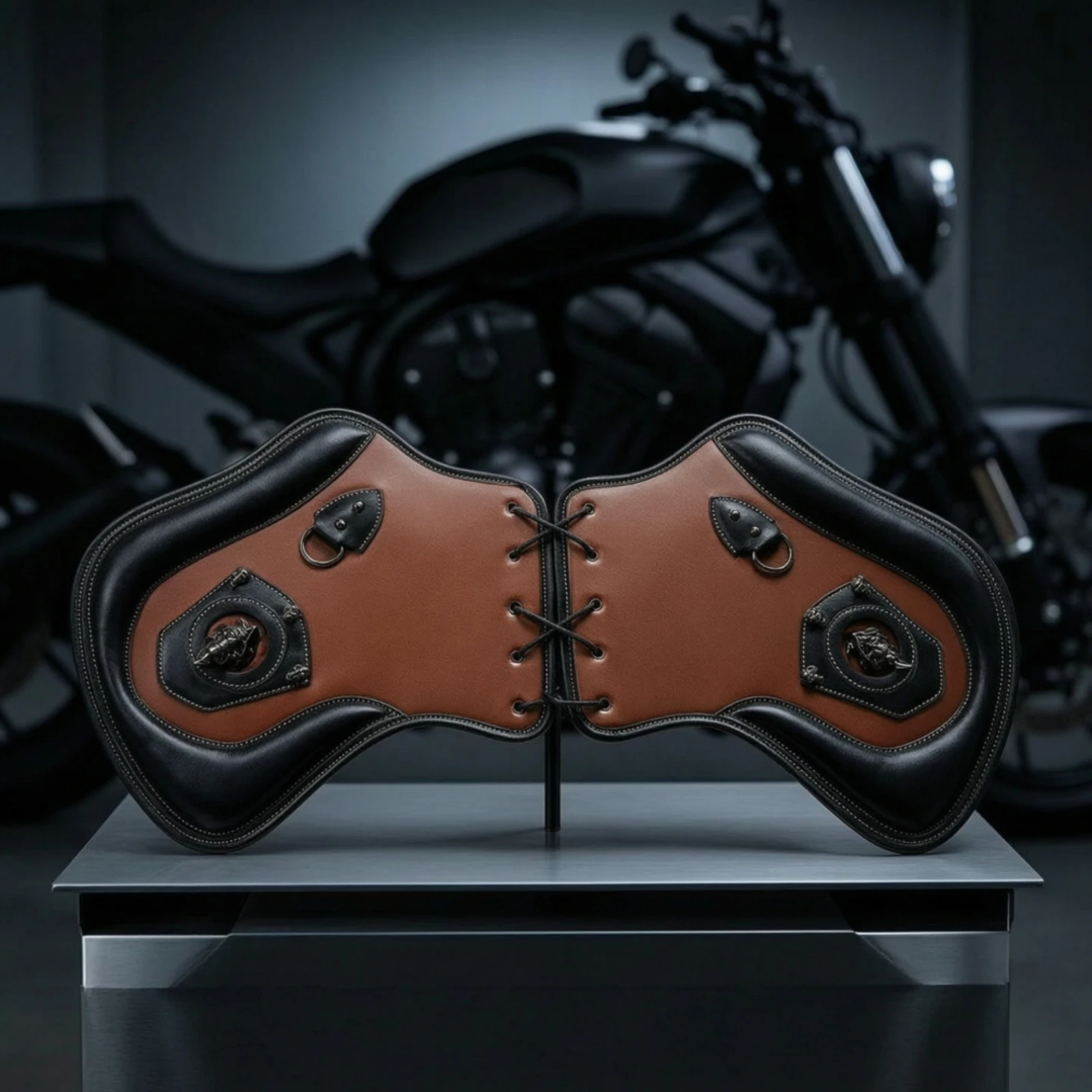 Saddle Accent with Skull Leather-Style Saddle Guard Frame Trim Lace-up for Cruiser Riders, Street Riding
