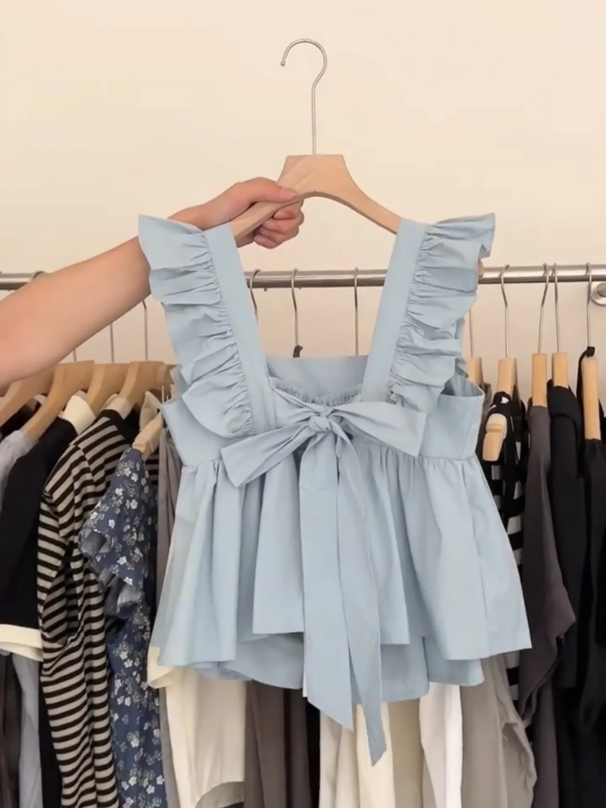 Unique Knot Design Square Collar Flying Sleeve Doll Shirt Women's Style Commute Pure Color Polyester Fiber 100%