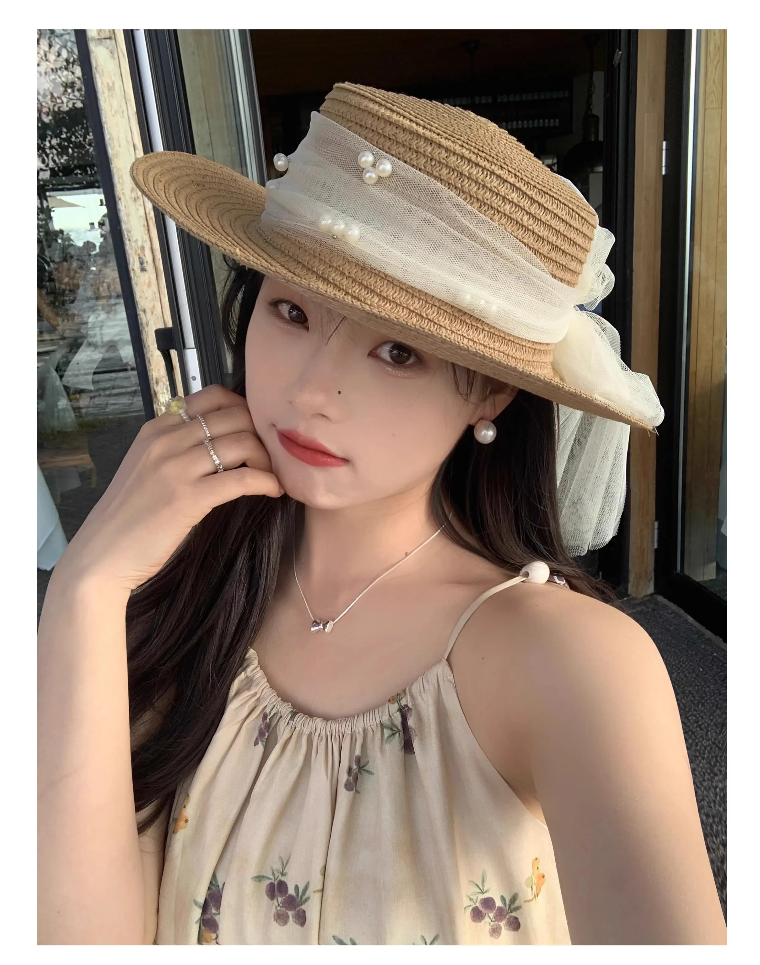 

Romanticism~French style straw hat for women summer lace pearl flat hat for beach vacation