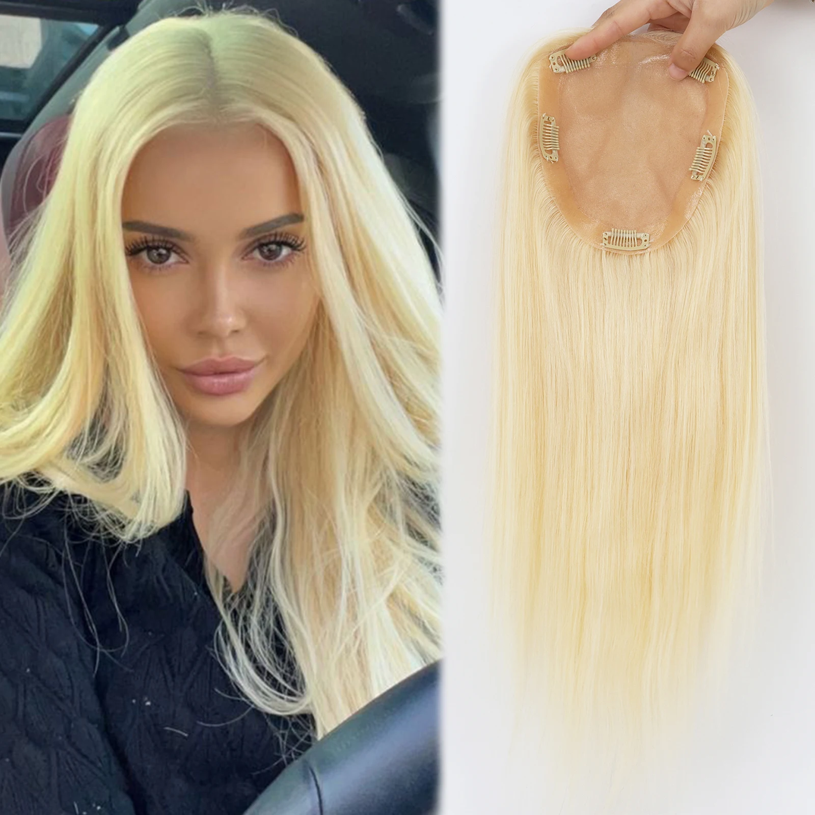 

Топпер на шелковой основе 15x16 см с полиуретаном вокруг # 613 Светло-русый парик из натуральных волос Remy с заколками на натуральной коже головы