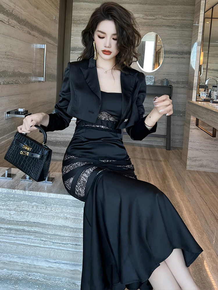 Spring Elegant 2 Pieces Set for Women 2023 Satin Lace Patchwork Black Single Button Short Jackets Slip Strap Mermaid Long Dress