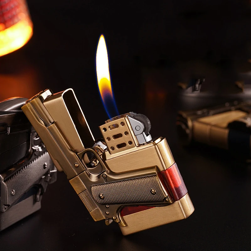 

Creative Pistol Shaped Kerosene Lighter Metal Retro Transparent Oil Tank Grinding Wheel Flint Windproof Lighter Gift for Men