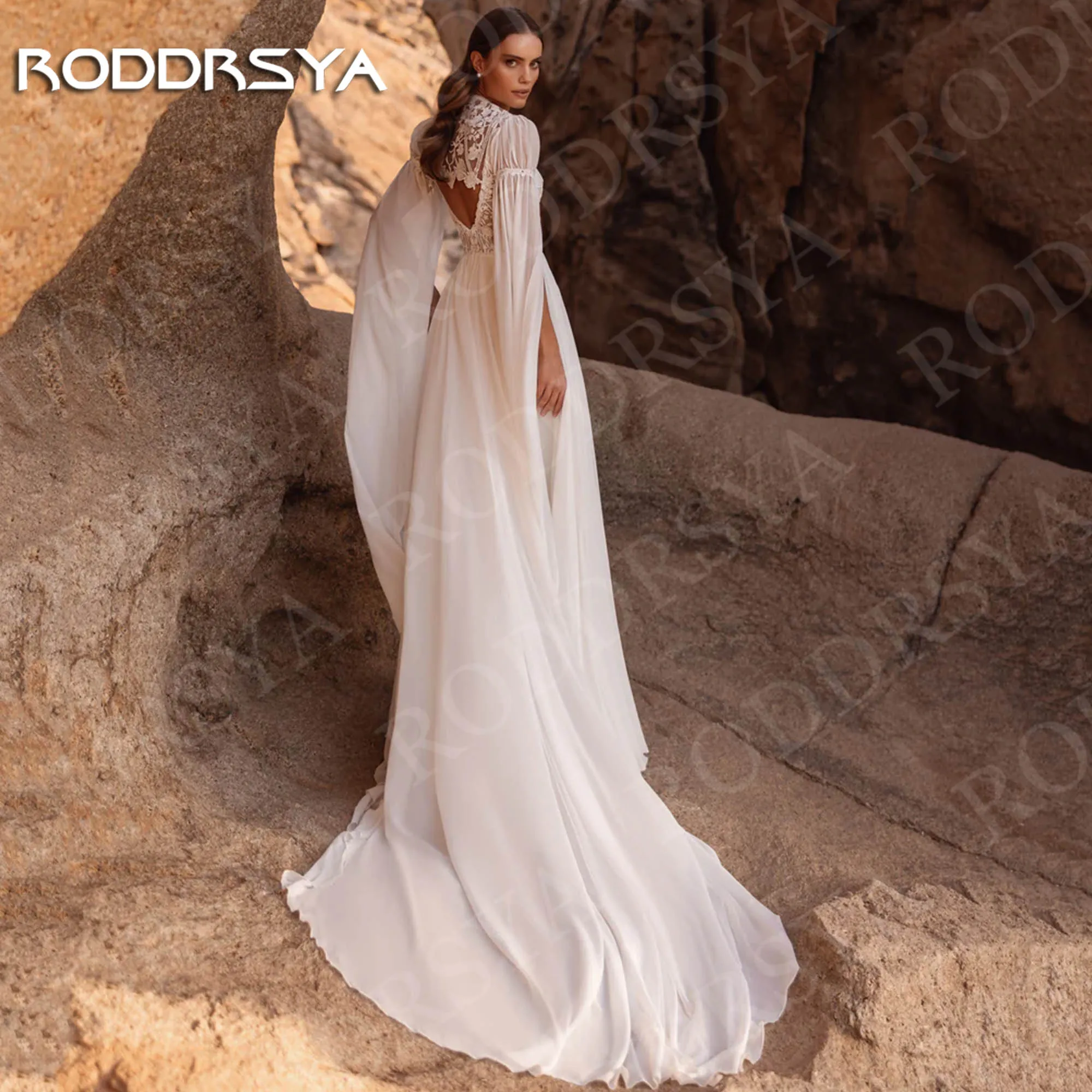 Gaun Pengantin Boho RODDRSYA Gaun Pengantin Vintage Aplikasi Renda Lengan Mengembang Belahan Tinggi Gaun Pengantin Pantai Dapat Disesuaikan Wanita 2026