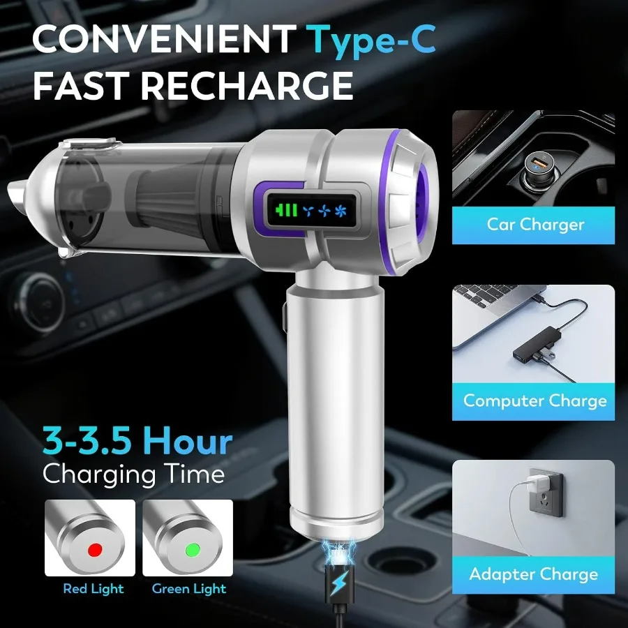 Aspirador de coche, aspirador de coche portátil de alta potencia de 22000PA y plumero de aire, miniaspiradora inalámbrica con pantalla LED, para Hom