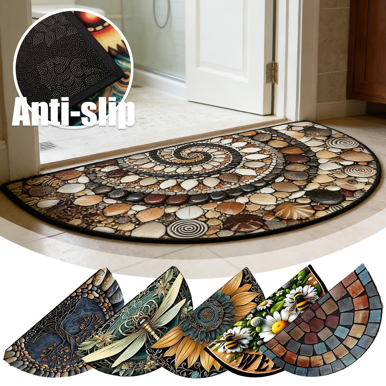 

1PC Semi-circular Door Rubbing Mat Arched Crystal Velvet Printed Entrance Mat Porch Non-slip Carpet Entrance Water-absorbing Mat