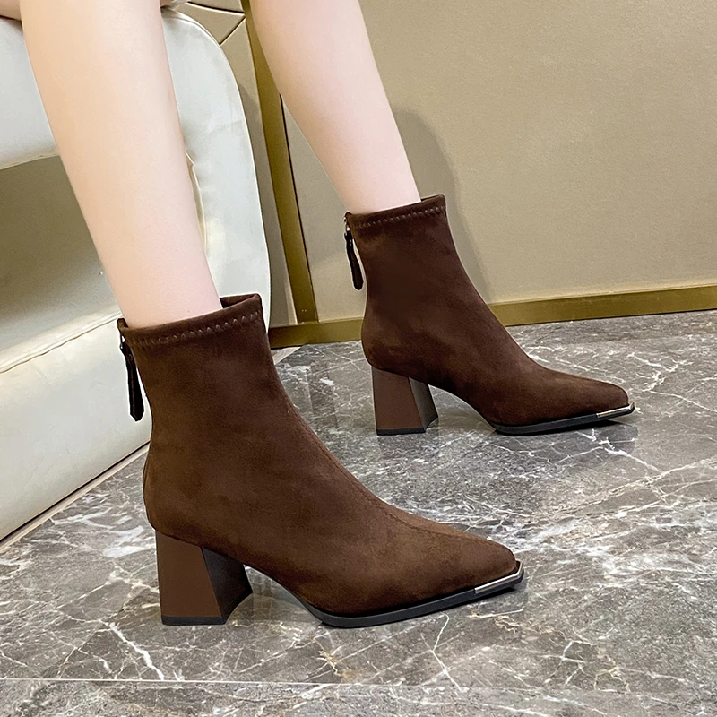 Mode Spitz Frauen Wildleder Stiefeletten Herbst Winter Damen Elegante High Heels Kurze Botas Zapatos De Mujer