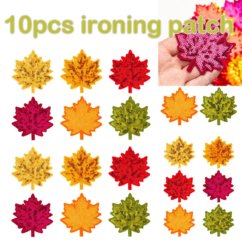 10pcs Glittery Sequins Maple Leaf Ironing Patches 4 Sizes Leaf Autumn Cloth Stickers T-shirt Hats Clothing Accessories DIY