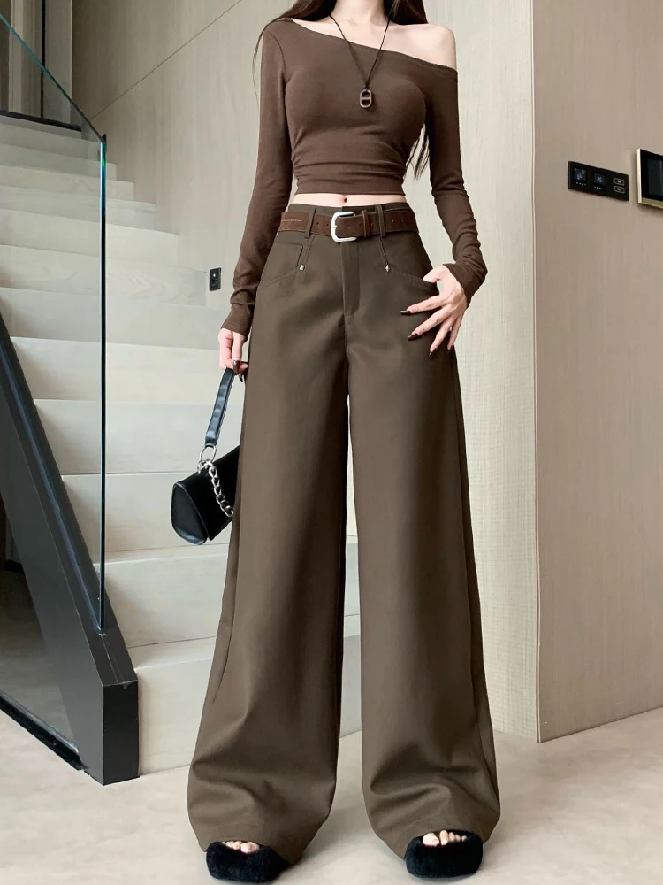 Damen im Herbst und Winter, hoch taillierte, lässige, modische und vielseitige Hose, lockere, bodenlange Hose mit geradem Bein