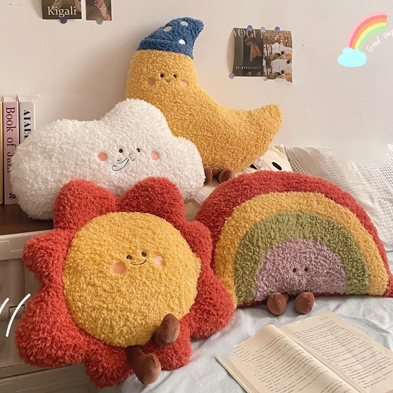

Kawaii Sky Series Plush Pillow Cute Star Moon Cloud Sun Rainbow Stuffed Cushion with Corduroy Legs Sofa Decor Soft Birthday Gift
