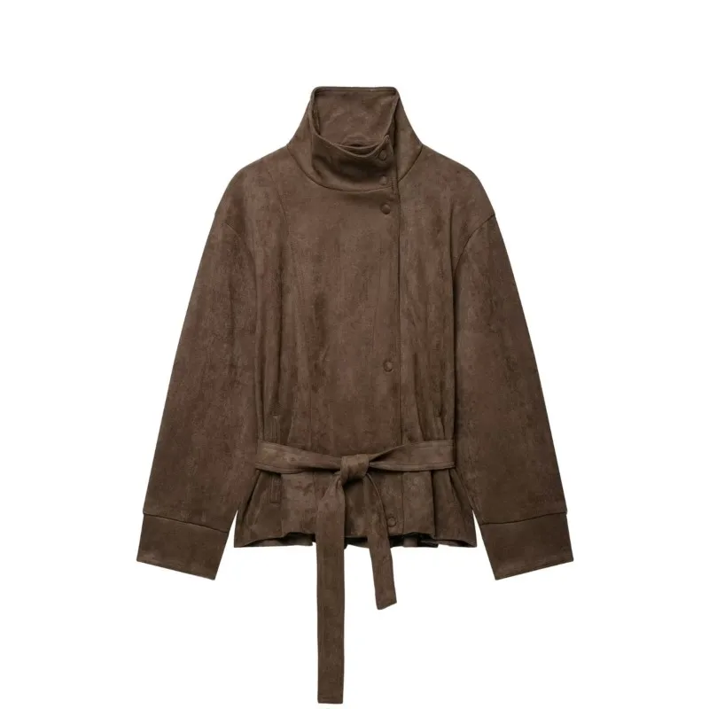 HipSeam Women's Faux Suede Jacket with Belted New 2026 Autumn High Neck Long Sleeve Pocket Button Women Winter Jacket Female Top