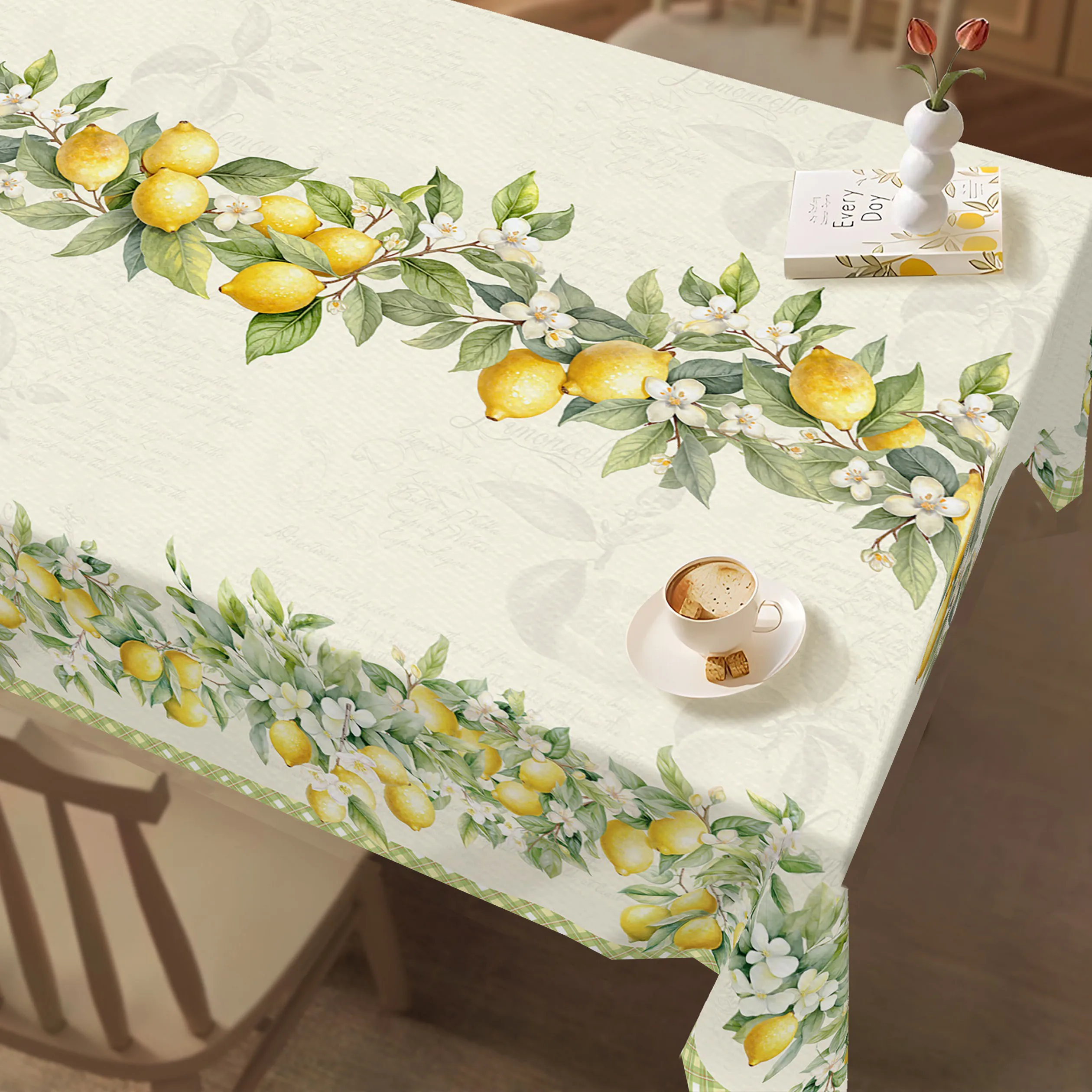 1pc Lemon Tablecloth, Retro Spring and Summer Lemon Floral Buffalo Plaid Design, Perfect Spring and Summer Decoration, Lemon