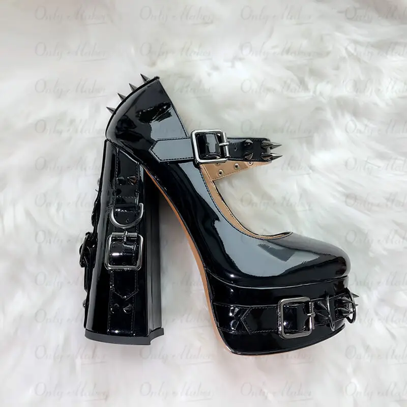 Onlymaker Women Mary-Jane Platform Gothic Buckle Belt Ring Rivet Shinny Chunky High Heels Ankle Strap Heeled Punk Pumps