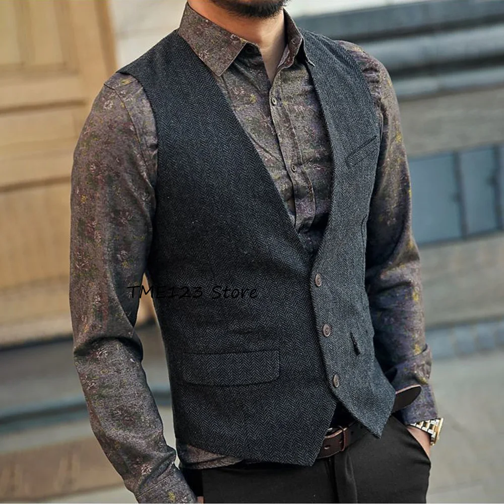 

Мужской классический жилет из ткани «ёлочка», однобортный, с V-образным вырезом, деловой повседневный стиль, элегантный, безрукавный, для нарядных костюмов