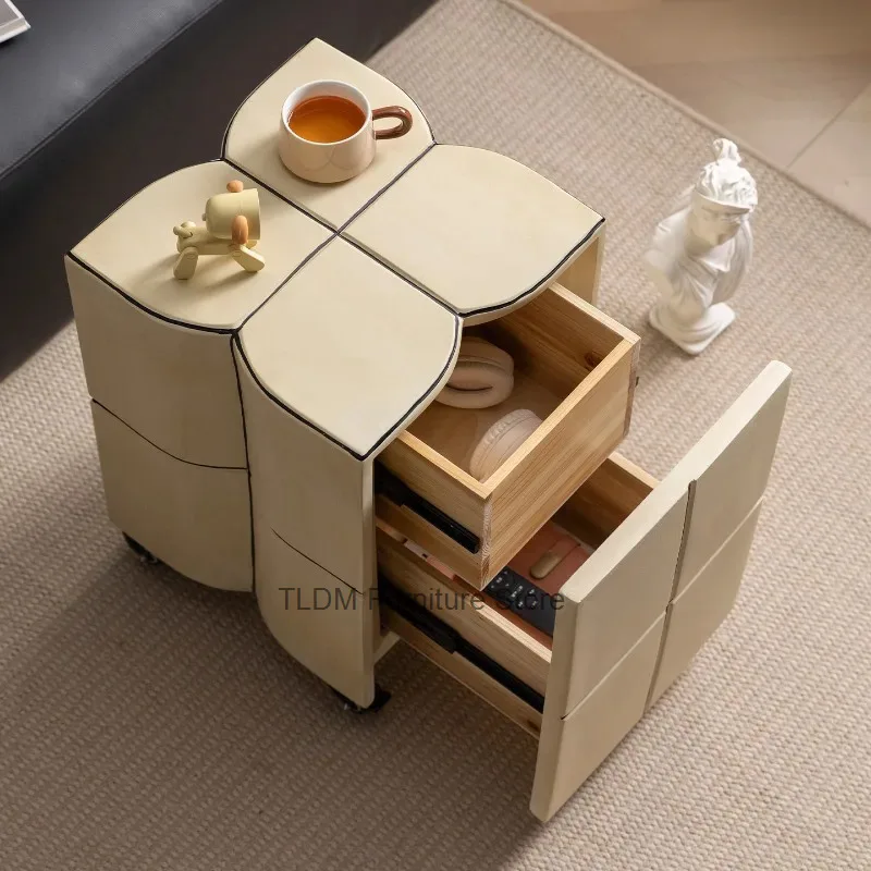 Abstract Curved Block Rolling Side Table Geometric Segmented Accent Cabinet with Silent Casters Wabi-Sabi Mobile Sofa End Table