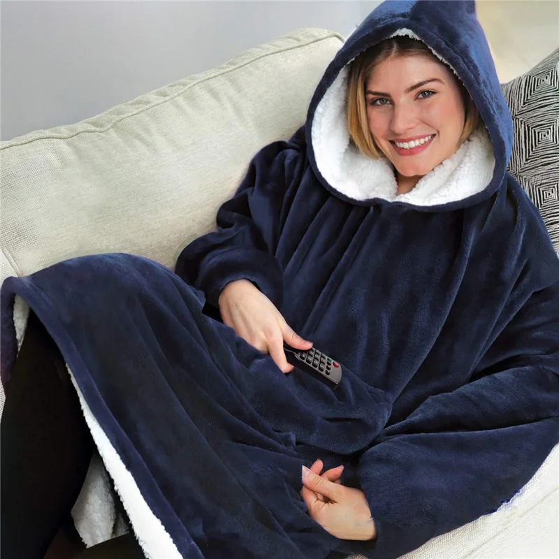 Winter Plush Fleece Sherpa Blanket Warm Pocket Hoodie TV Blankets Loose Long Cold-proof Women Sweatshirts