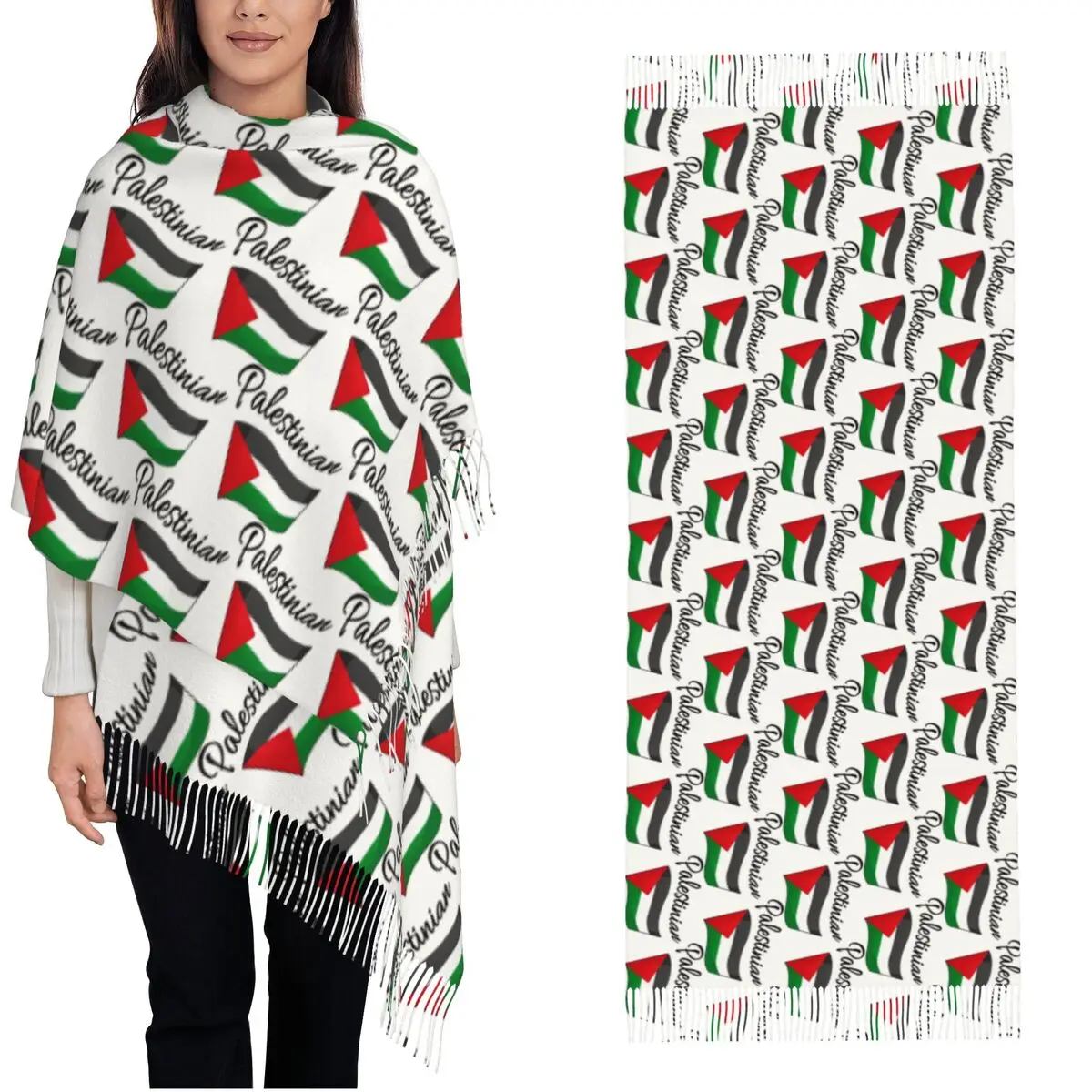 Palestinian Palestine Calligraphy Shawl Wrap for Womens Warm Large Soft Scarf Traditional Pashminas Tassel Scarves