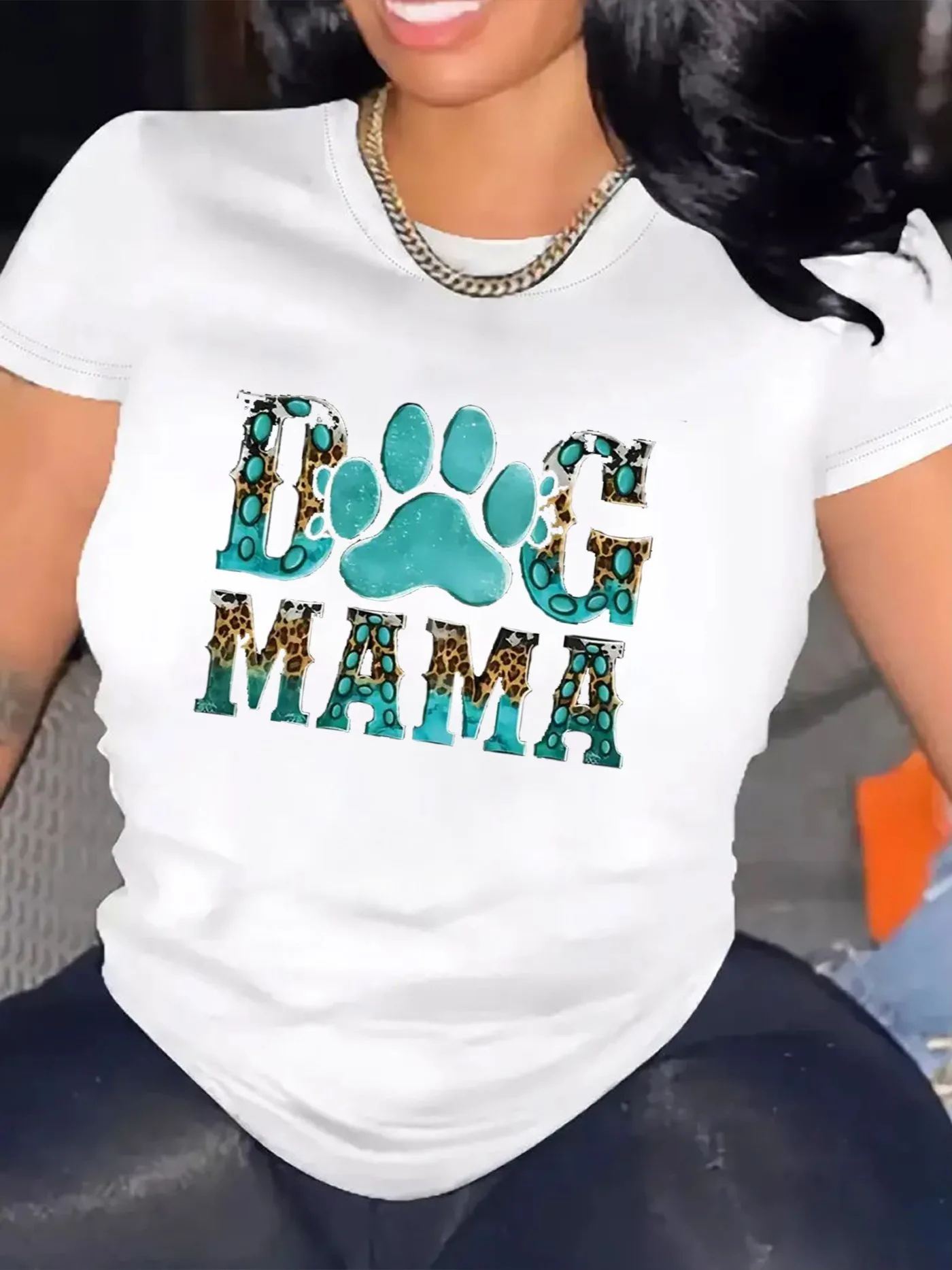 Women Casual Dog Mama Print T-Shirt Cute Paw Graphic Tee Leopard Patchwork Letter Print Short Sleeve Round Neck Summer Streetwear Pet Lover Top