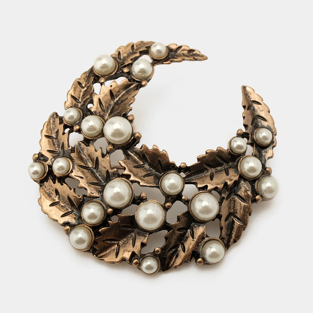 Amorita boutique semilune simulated pearl antique brass color Brooches