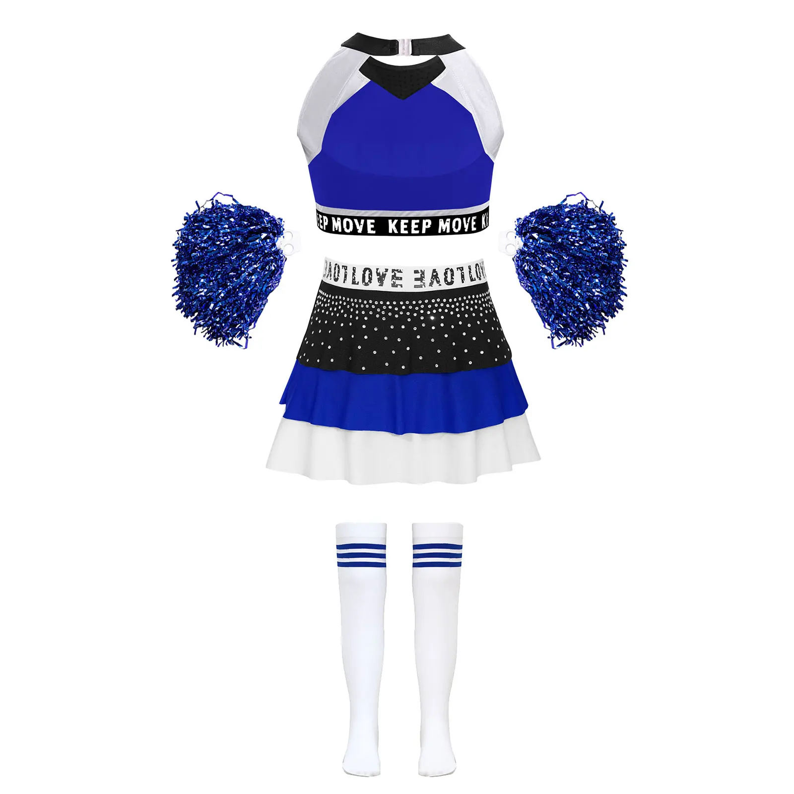 Children Girls Cheerleading Jazz Dance Performance Costume Sleeveless Print Crop Top with Skirt Flower Balls Socks Dancewear