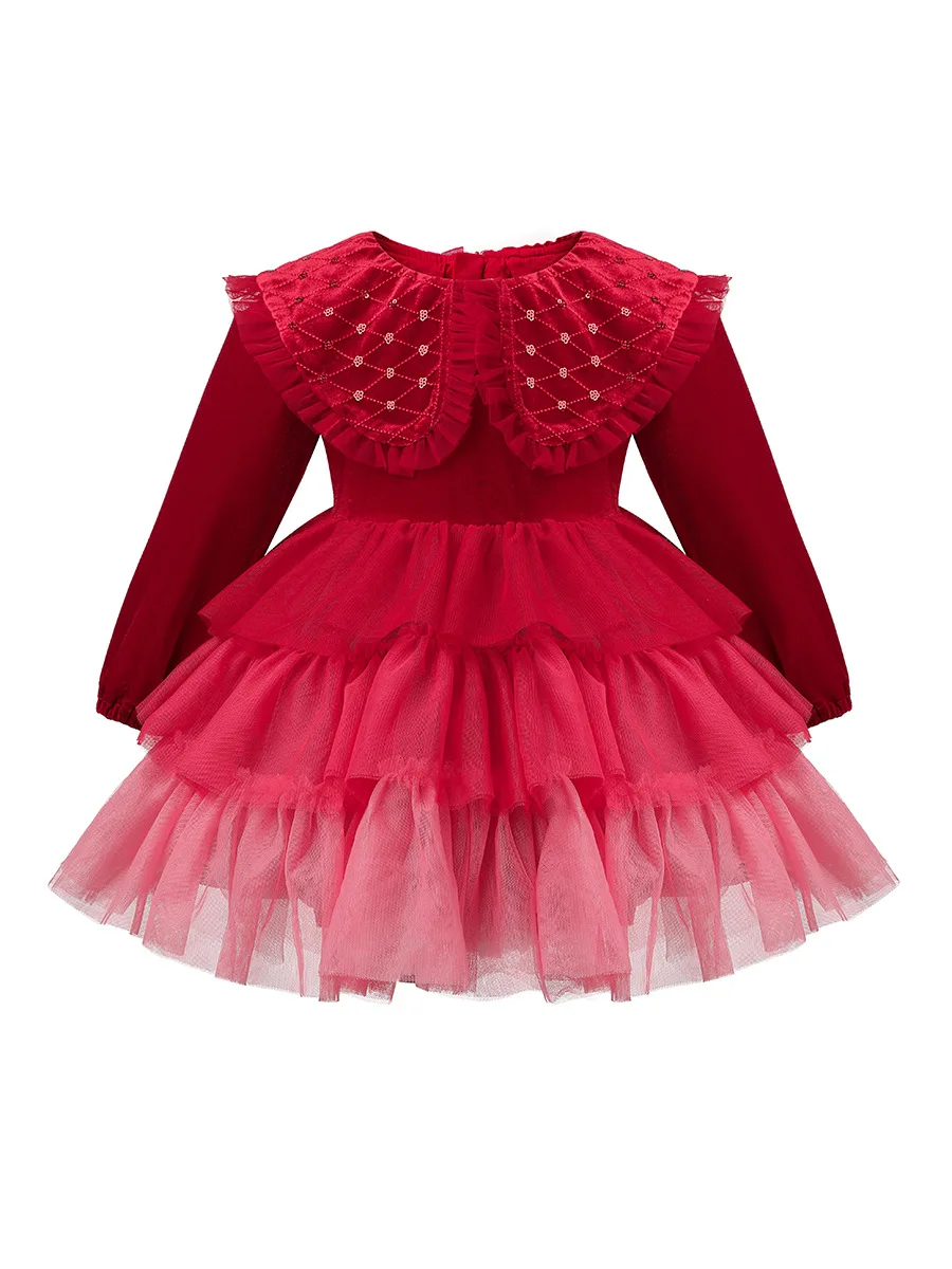 Christmas  Long Sleeve Girls Red Padded Dress Sweet Fluffy Mesh Princess Dresses Kids Dresses Girls Princes Sweet Party  Clothes